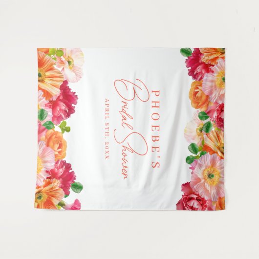 可愛いオレンジとピンクのフローラブライダルシャワー背景 タペストリー (正面(横))