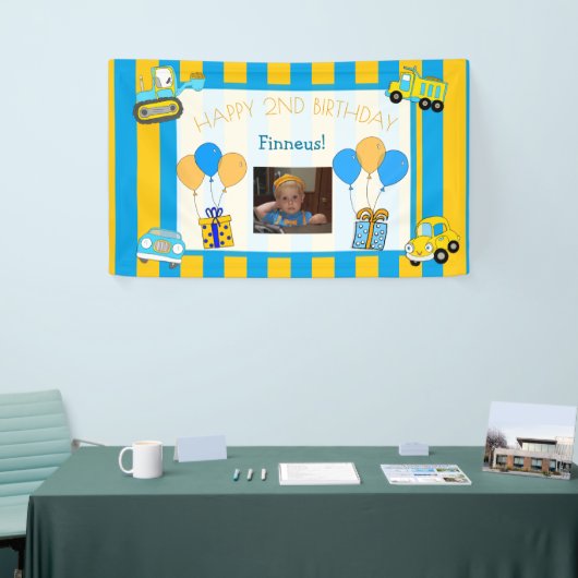 可愛いオレンジとブルーのハッピーバースデー パーソナライズされた 横断幕 (トレードショー)