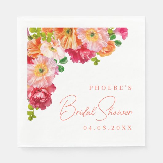 可愛いオレンジと明るいピンクのフローラブライダルシャワー スタンダードランチョンナプキン (正面)