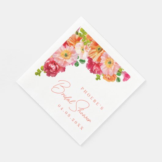 可愛いオレンジと明るいピンクのフローラブライダルシャワー スタンダードランチョンナプキン (角)