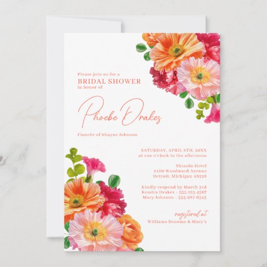 可愛いオレンジと明るいピンクのフローラブライダルシャワー 招待状 (正面)