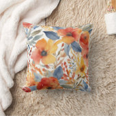 可愛いオレンジと赤い花水彩フローラ クッション (ブランケット)