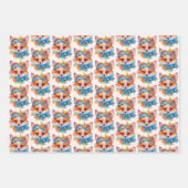 可愛いオレンジキツネフローラクラウンパターン ラッピングペーパーシート (正面3)