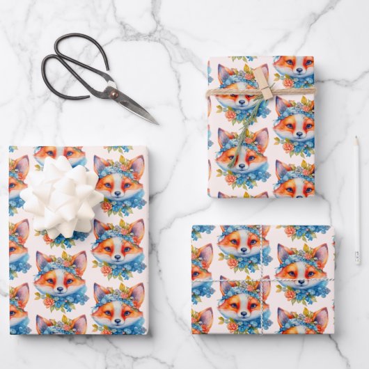 可愛いオレンジキツネフローラクラウンパターン ラッピングペーパーシート (正面)