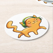 可愛いオレンジキャットギフトヘッドフォンおもしろい音楽好き ラウンドペーパーコースター (アングル)