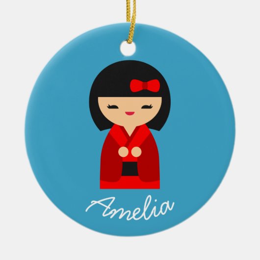 可愛いオレンジコケシ日本のの人形 セラミックオーナメント (正面)