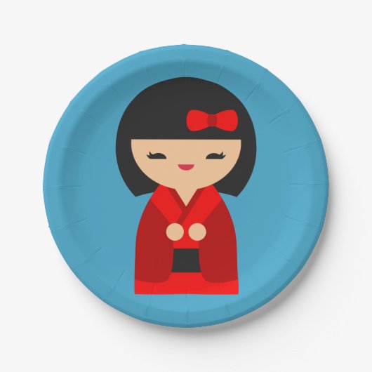 可愛いオレンジコケシ日本のの人形 ペーパープレート (正面)