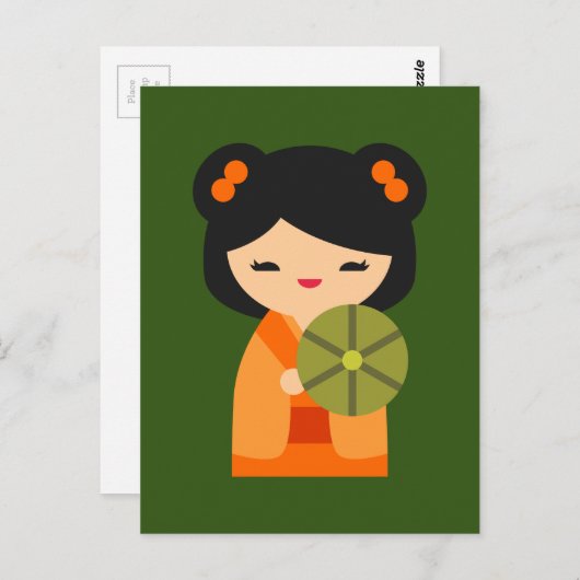 可愛いオレンジコケシ日本のの人形 ポストカード (正面/裏面)