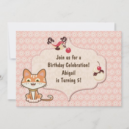 可愛いオレンジタイガーキティ猫と花誕生日 招待状 (正面)