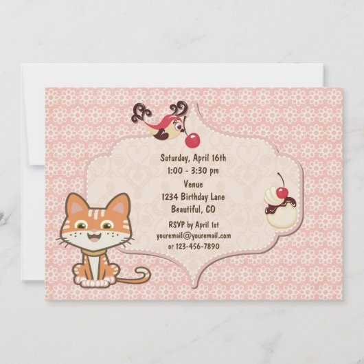可愛いオレンジタイガーキティ猫と花誕生日 招待状 (裏面)