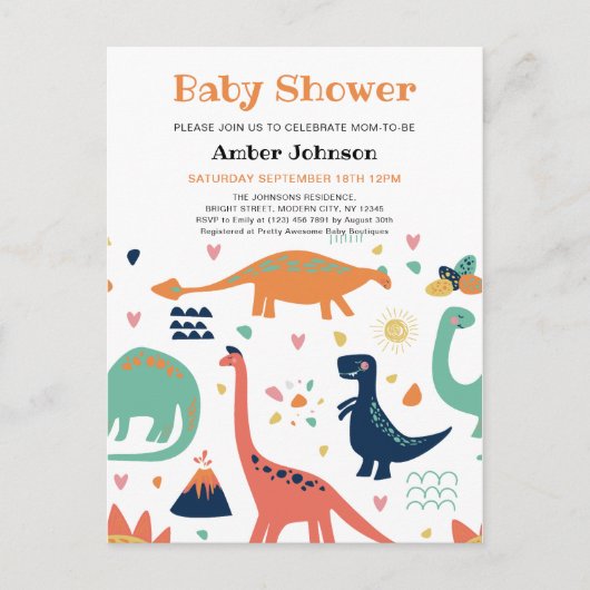 可愛いオレンジ緑のベビー恐竜の男の子の赤ちゃんシャワー インビテーションポストカード (正面)