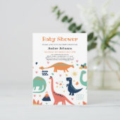 可愛いオレンジ緑のベビー恐竜の男の子の赤ちゃんシャワー インビテーションポストカード (スタンド正面)