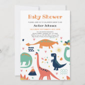 可愛いオレンジ緑のベビー恐竜の男の子の赤ちゃんシャワー 招待状 (正面)