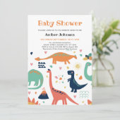 可愛いオレンジ緑のベビー恐竜の男の子の赤ちゃんシャワー 招待状 (スタンド正面)