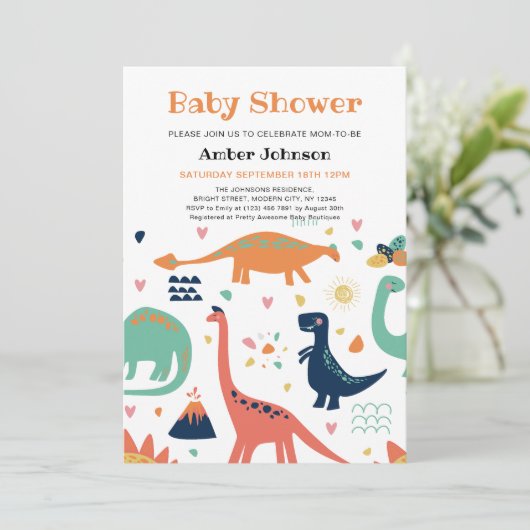 可愛いオレンジ緑のベビー恐竜の男の子の赤ちゃんシャワー 招待状 (スタンド正面)