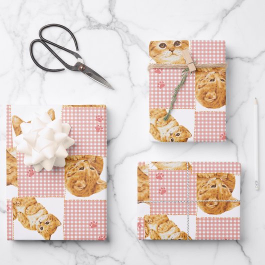 可愛いオレンジ色のタビー猫の格子模様のパッチワーク ラッピングペーパーシート (正面)