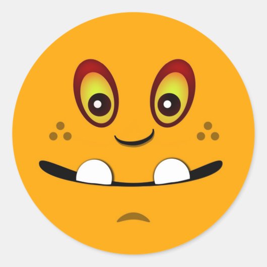 可愛いオレンジ色のモンスター顔(アンダーバイト付) ラウンドシール (正面)