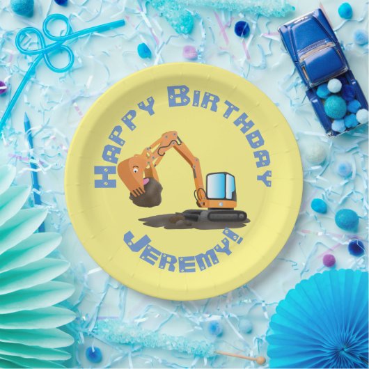可愛いオレンジ色の掘削機の掘り下げ漫画パーソナライズされた ペーパープレート (パーティー)