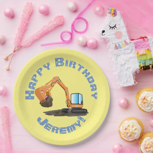 可愛いオレンジ色の掘削機の掘り下げ漫画パーソナライズされた ペーパープレート (パーティー)