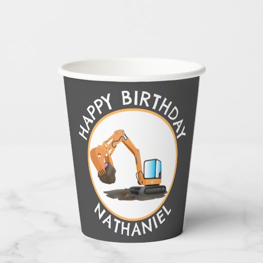 可愛いオレンジ色の掘削機の掘り下げ漫画パーソナライズされた 紙コップ (裏面)