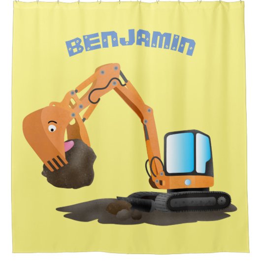 可愛いオレンジ色の掘削機の掘り下げ漫画 シャワーカーテン (正面)