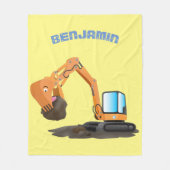 可愛いオレンジ色の掘削機の掘り下げ漫画 フリースブランケット (正面)