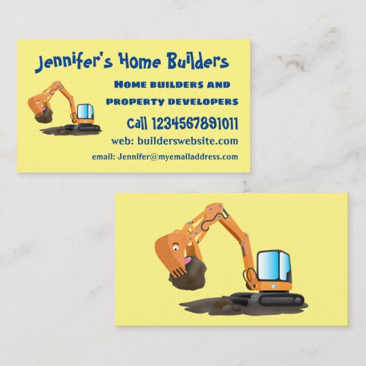 可愛いオレンジ色の掘削機の掘り下げ漫画 名刺 (正面/裏面)