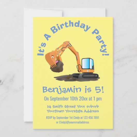 可愛いオレンジ色の掘削機の掘り下げ漫画 招待状 (正面)