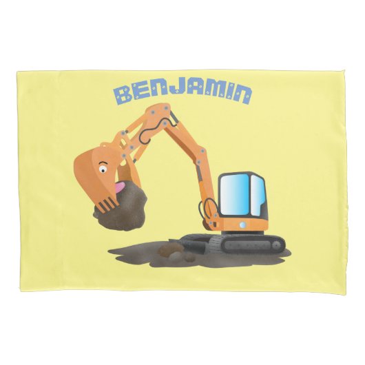 可愛いオレンジ色の掘削機の掘り下げ漫画 枕カバー (正面)