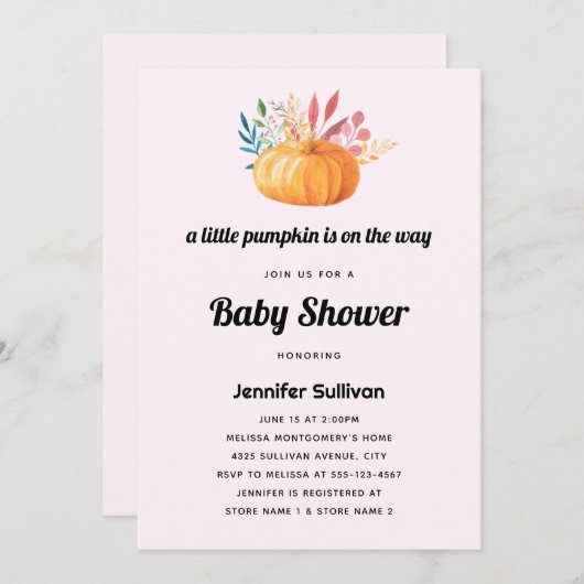 可愛いオレンジ色の水色かぼちゃの赤ちゃんシャワー 招待状 (正面/裏面)