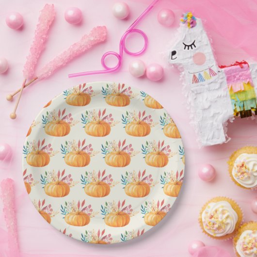 可愛いオレンジ色の水色かぼちゃ模様 ペーパープレート (パーティー)