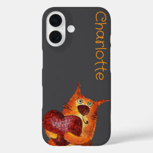 可愛いオレンジ色の猫名グレー iPhone 16ケース