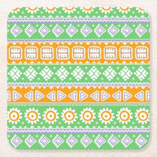 可愛いオレンジ色の緑の民族柄デザイン スクエアペーパーコースター (正面)