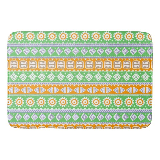 可愛いオレンジ色の緑の民族柄デザイン バスマット (正面)