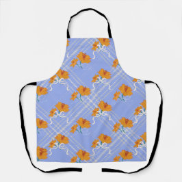 可愛いオレンジ色の花が継ぎ目なく青い格子模様 エプロン