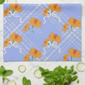 可愛いオレンジ色の花が継ぎ目なく青い格子模様 キッチンタオル (折り畳み)