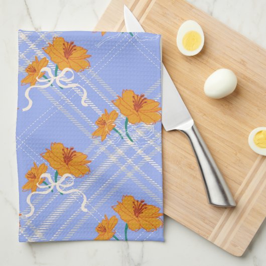 可愛いオレンジ色の花が継ぎ目なく青い格子模様 キッチンタオル (四つ折り)