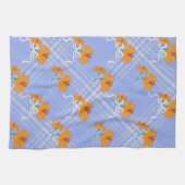 可愛いオレンジ色の花が継ぎ目なく青い格子模様 キッチンタオル (横)