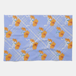 可愛いオレンジ色の花が継ぎ目なく青い格子模様 キッチンタオル