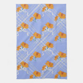 可愛いオレンジ色の花が継ぎ目なく青い格子模様 キッチンタオル (縦)