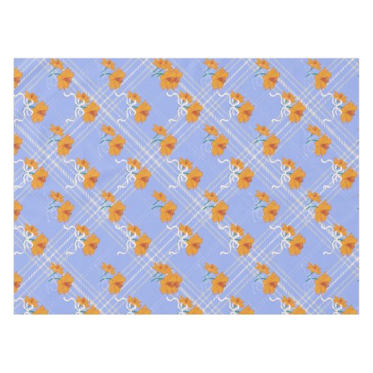 可愛いオレンジ色の花が継ぎ目なく青い格子模様 テーブルクロス (正面(横))