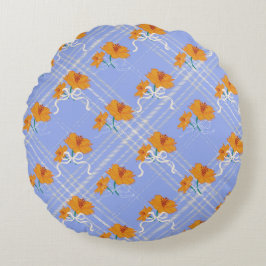 可愛いオレンジ色の花が継ぎ目なく青い格子模様 ラウンドクッション