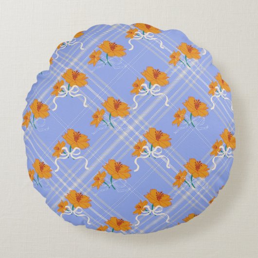 可愛いオレンジ色の花が継ぎ目なく青い格子模様 ラウンドクッション (正面)