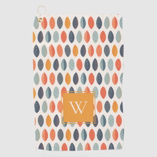 可愛いオレンジ色の青い葉の植物性モノグラムパターン ゴルフタオル (正面)