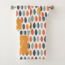 可愛いオレンジ色の青い葉の植物性モノグラムパターン バスタオルセット