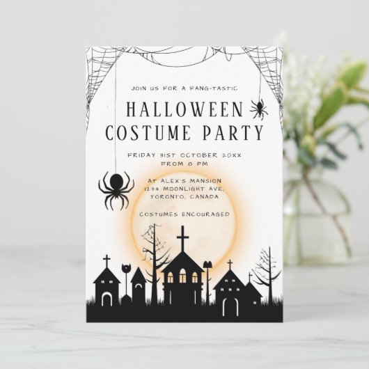 可愛いオレンジ&ブラック大人ハロウィーンの衣装パーティー 招待状 (スタンド正面)