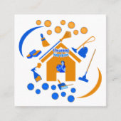 可愛いオレンジ&ブループロフェッショナル清掃サービス スクエア名刺 (正面)