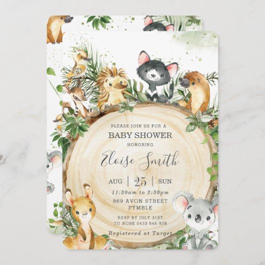 可愛いオーストラリアの動物の木の緑の赤ちゃんシャワー 招待状 (正面/裏面)