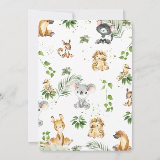 可愛いオーストラリアの動物の木の緑の赤ちゃんシャワー 招待状 (裏面)