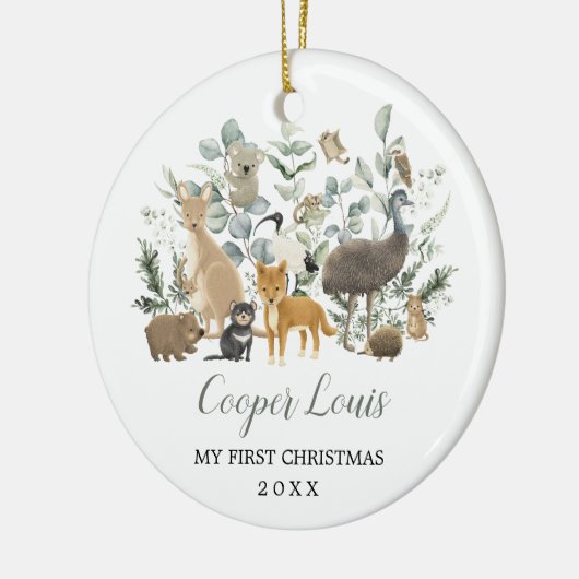 可愛いオーストラリアの動物の緑のベビー第1クリスマス セラミックオーナメント (左)